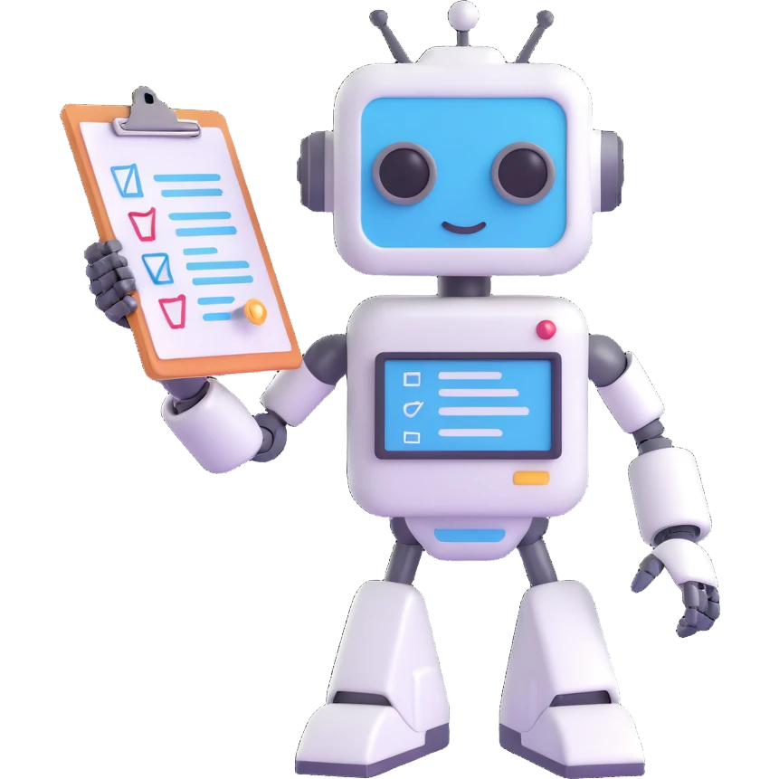 3D emoji style robot or AI character holding a clipboard, surrounded by floating icons representing different people, tasks, and learning paths, with sparkles showing customization and personal touch, conveying hyper-personalisation in workflows, learning, and assignments emoji
