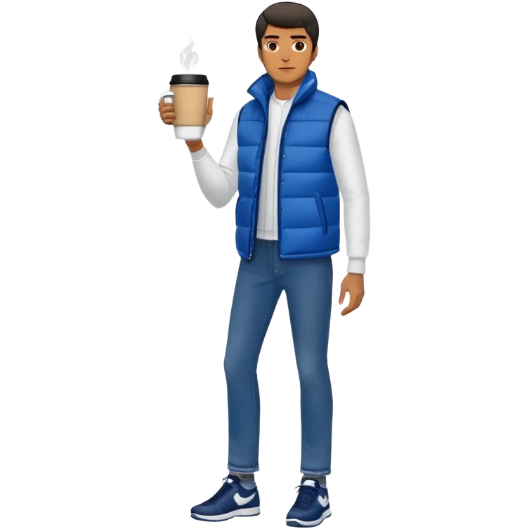 full body man with long sleeve white shirt with blue puffer winter vest with no pockets wearing straight long levi blue jeans with no cuffs and black tennis shoes holding a coffee mug in one hand in front of him and nothing in the other hand and one leg slightly bent emoji