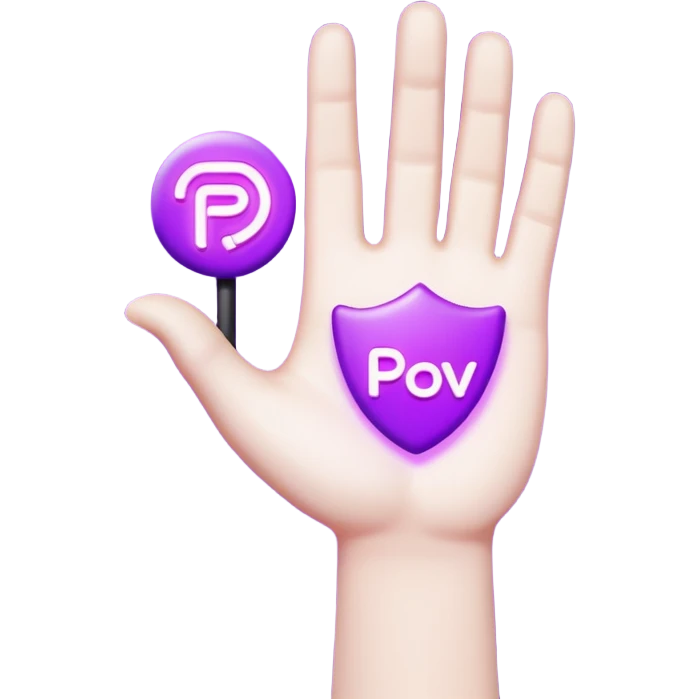 A 3D stylized cartoon hand holding a glowing neon purple sign that says "POV", high contrast, vibrant lighting, clean edges, white background. emoji