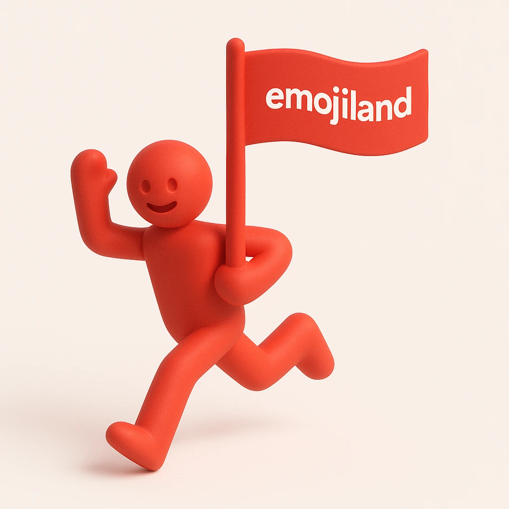 happy runner waving a flag that says 'emojiland' emoji