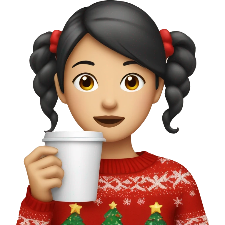 asian girl drinking coffee wearing Christmas sweater emoji