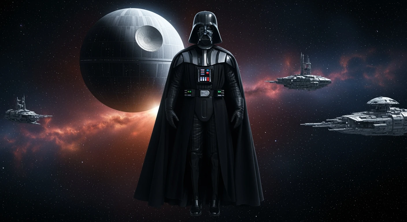 cinematic still, documentary photography, space and death star, well lit scene, Darth Vader floating in space, close up, front shot, rule of thirds emoji