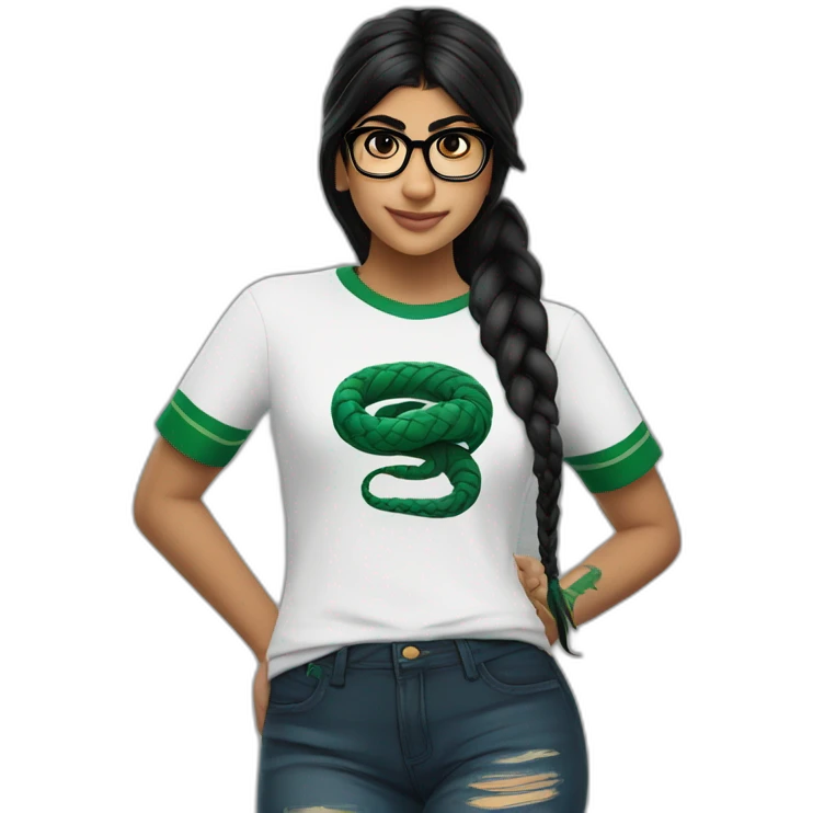 Mia Khalifa black braid white tshirt green sleeves slytherin logo emoji