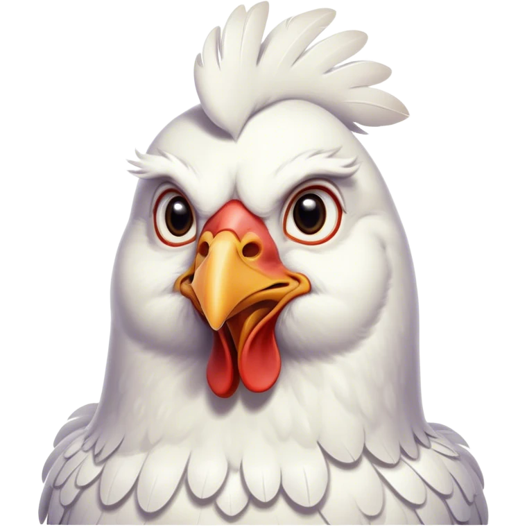 Cinematic Noble White Chicken Portrait Emoji, Poised and regal, with a compact, sturdy build and a pristine, well-groomed pure white plumage, deep-set soulful beady eyes, Simplified yet sharp and sophisticated features, highly detailed, glowing with a soft, dignified glow, high shine, intelligent and alert, stylized with an air of barnyard elegance, focused and attentive, soft glowing outline, capturing the essence of a watchful and confident fowl, so majestic it feels as though it could strut out of the screen with effortless authority! emoji