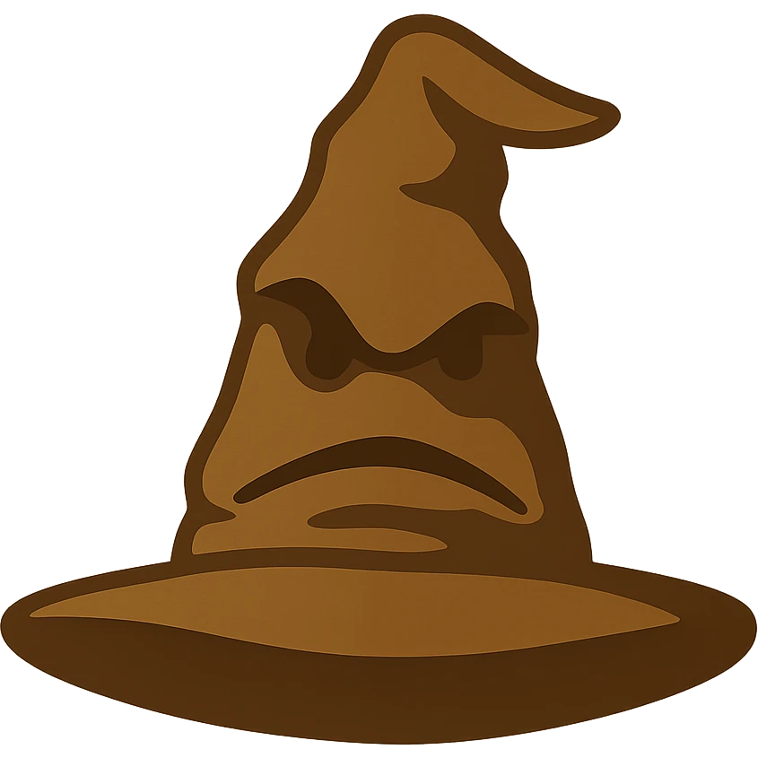 Magic Hogwarts sorting hat with eyes and mouth like the sorting hat from the movie, in Color Filled style with sharp shadows and highlights, transparent background. emoji