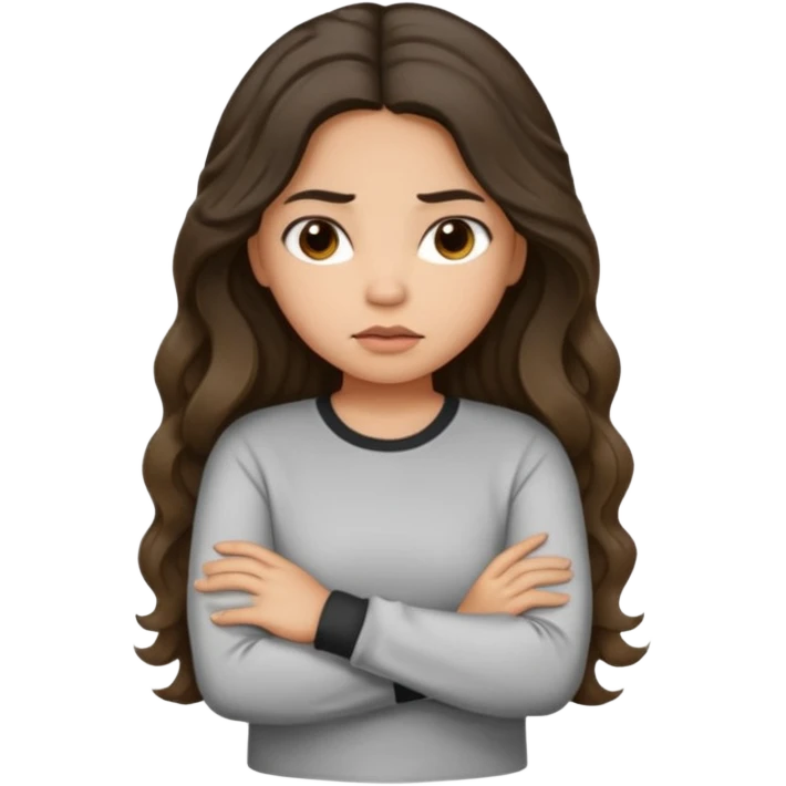 Hispanic light tan girl with long dark wavy hair pouting and arms folded. Wearing a long sleeve. Hair with middle part. emoji