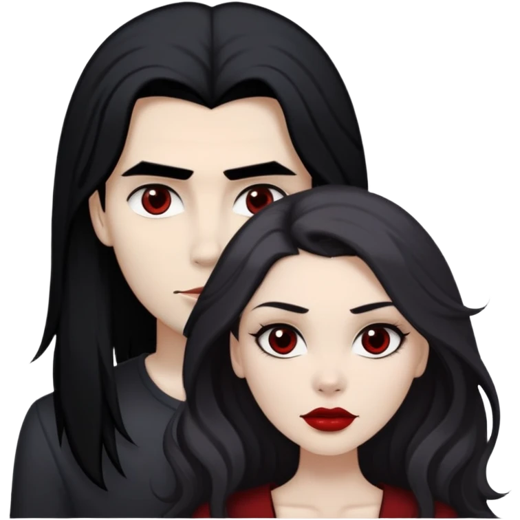 beautiful white girl with black hair and slightly dark red at the end with brown eyes and red lips, with a strong cheekbones and strong face features standing with white slightly dark guy with brown long fluffy hair and grey eyes with also strong skull and cheekbones emoji