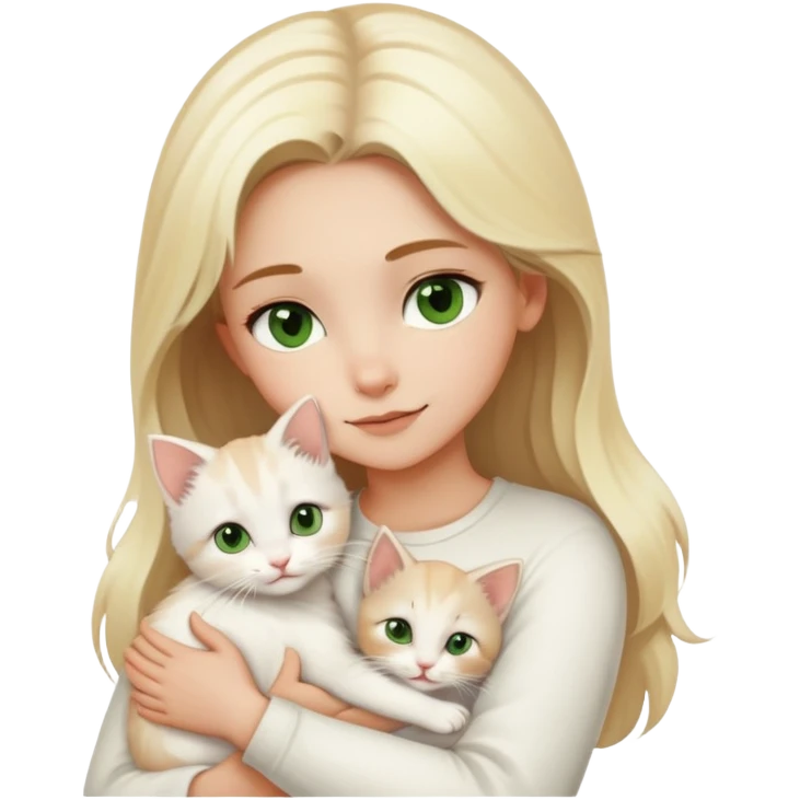 A girl with blonde hair and brown eyes hugs a white kitten with green-brown eyes emoji