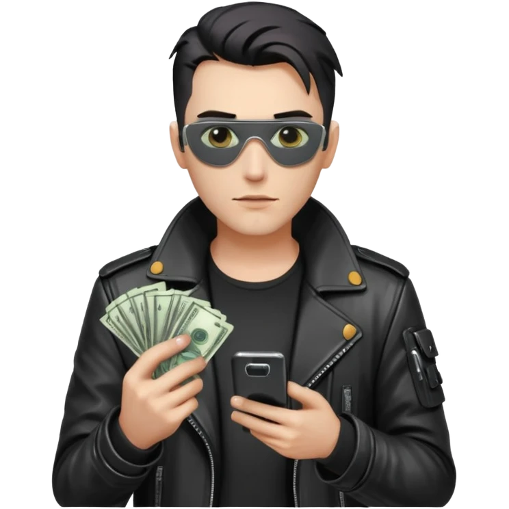cyber punk man holding money and phone emoji