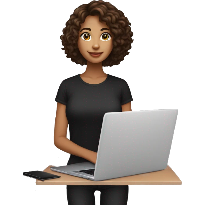 una chica de 24 años, con cabello castaño oscuros, mediano y rizado, con ojos marrones claros,vestida de camiseta y pantalón color negro, con una laptop en sus manos emoji