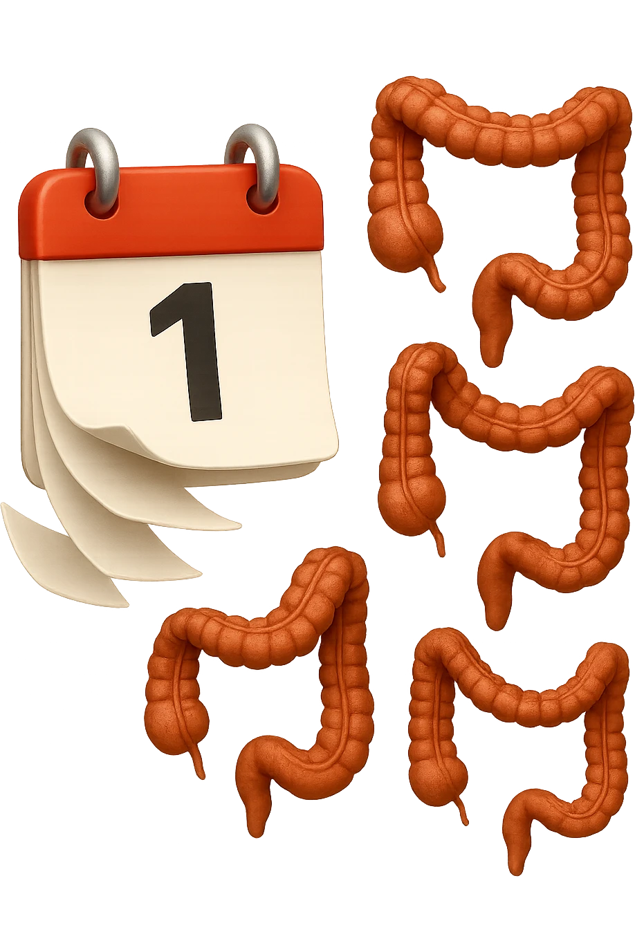 emoji stile iphone di un calendario con fogli che volano insieme a pezzi anatomici di colon umano, iperrealistico 4k, isolato su sfondo bianco emoji