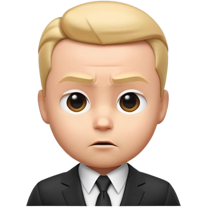 "Create a 3D emoji of Big Boss Baby’s face with his sharp suit collar peeking out, slicked-back hair, and a serious, confident expression." emoji