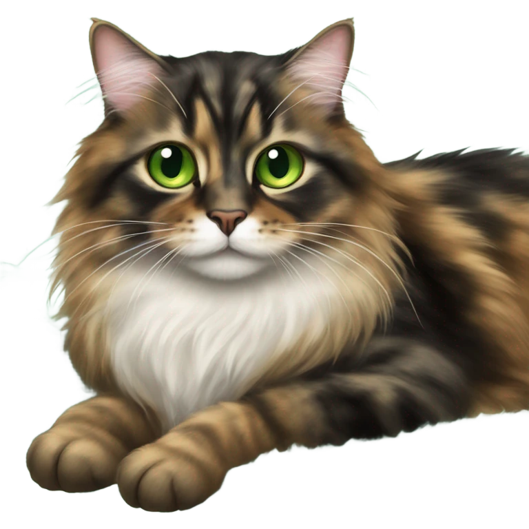 Long hair tortie cat with green eyes laying on a sheep skin throw emoji