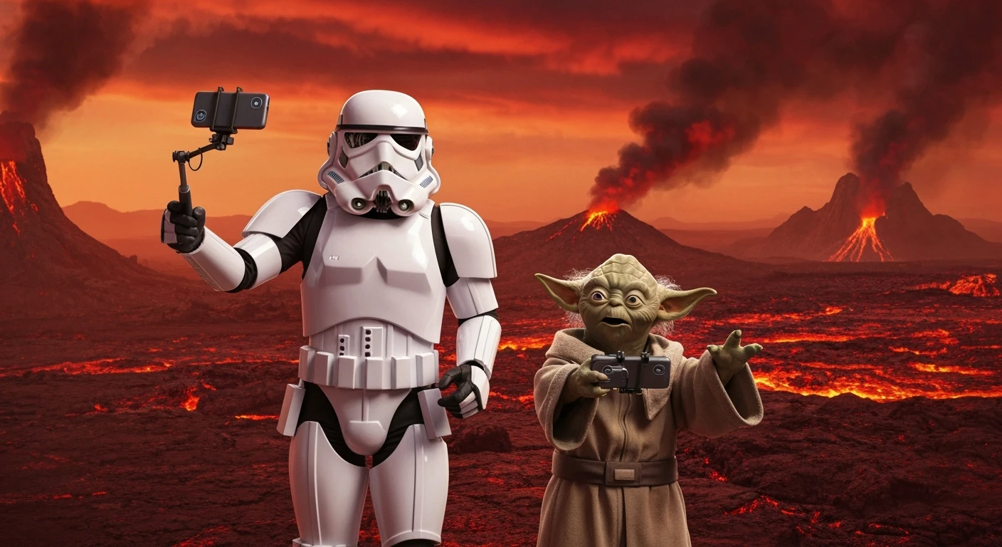 Starwars stormtroopers vlogging selfie, he is walking on lava planet with yoda emoji