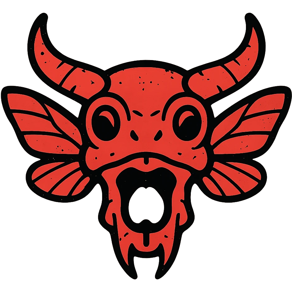 a minimalist red line art icon showing only a horrifying head (no body) that fuses minotaur skull with horns, stoat facial elements, and frog eyes/mouth, with moth wings growing directly from the head/skull, transparent hollow middle, deliberately weathered with smudged edges, torn lines, and missing sections emoji