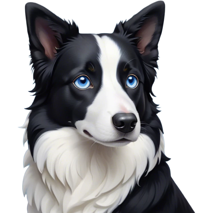 Cinematic Noble Black and White Border Collie Portrait Emoji, Poised and regal, with a lean, athletic build and a sleek, well-groomed black and white coat, piercing blue eyes, Simplified yet sharp and sophisticated features, highly detailed, glowing with a soft, dignified glow, high shine, intelligent and agile, stylized with an air of precision, focused and attentive, soft glowing outline, capturing the essence of a watchful and determined herder, so majestic it feels as though it could sprint out of the screen with effortless authority! emoji