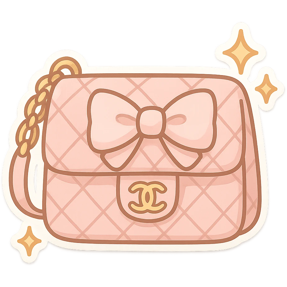 a cute and exaggerated chibi stickers style Chanel purse with a bow and sparkles emoji