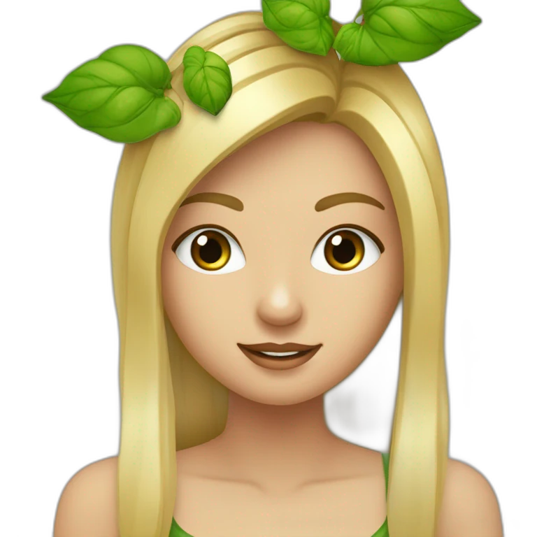 un chica cataña rubia de ojos verdes de piel blanca pasando una computadora cerca de plantas. emoji