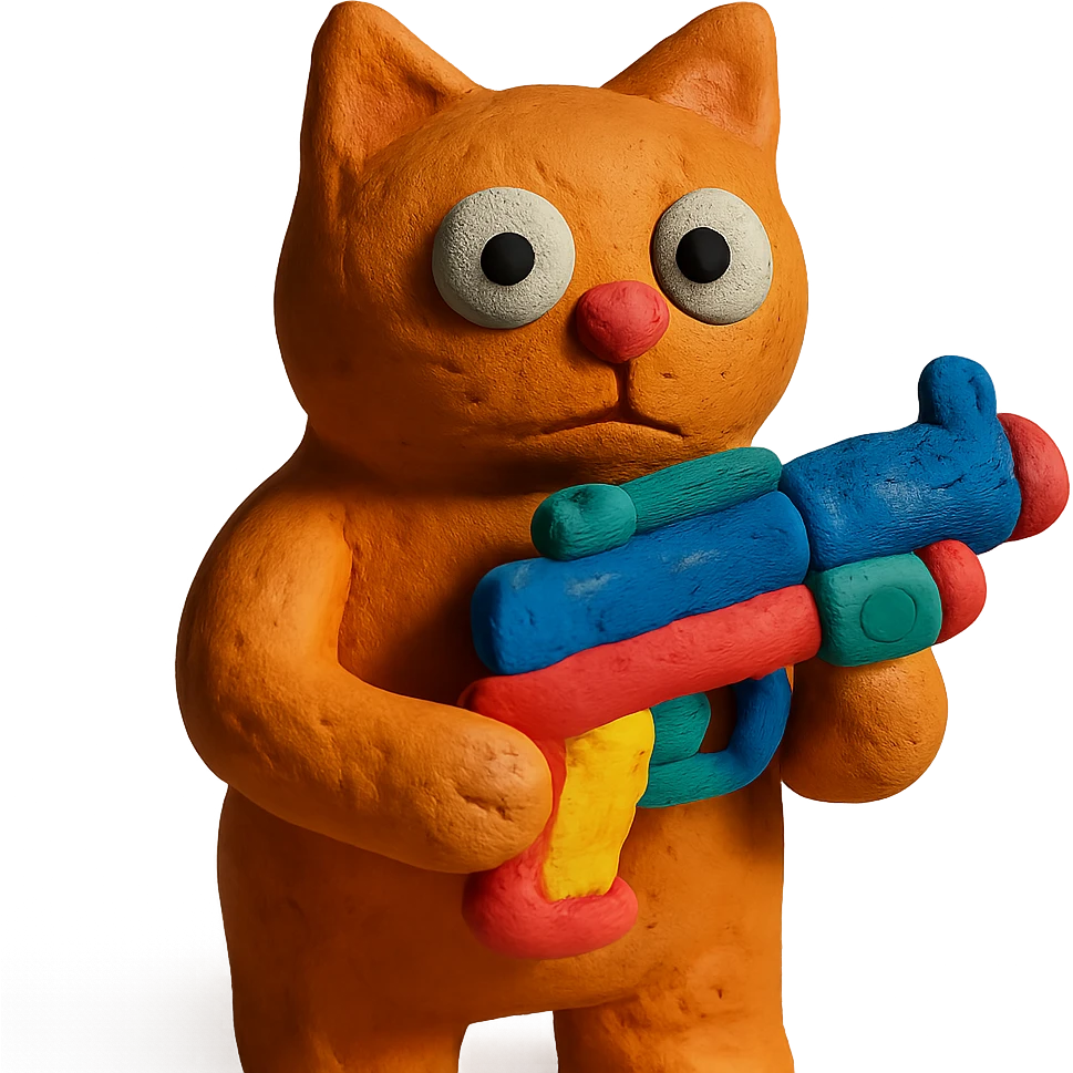 claymation style cat holding a colorful toy gun emoji