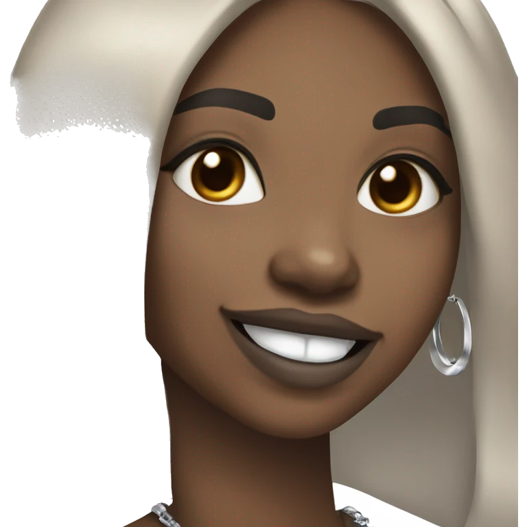 Smiling Black girl with long black straight hair and light brown lipstick with silver hoop earrings and and a silver necklace  emoji