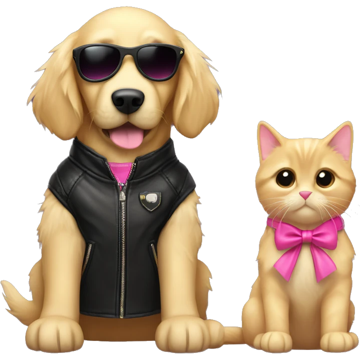 Small golden retriever wearing a pink bow next to a black cat in a leather jacket wearing sunglasses  emoji