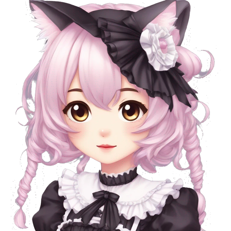 Gorgeous gothic Lolita anime style catgirl with blushing face with maid outfit laces headdress idol model kawaiicore pastelcore cottagecore pearly petite simplistic aesthetic trending style emoji