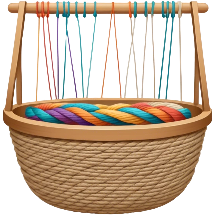 Weaving icon, various types of weaving such as basket weaving, macramé, and loom weaving, showing intertwined threads or ropes, weaving tools like shuttle, crochet hook, and loom, minimalistic style, clean lines, transparent background. emoji