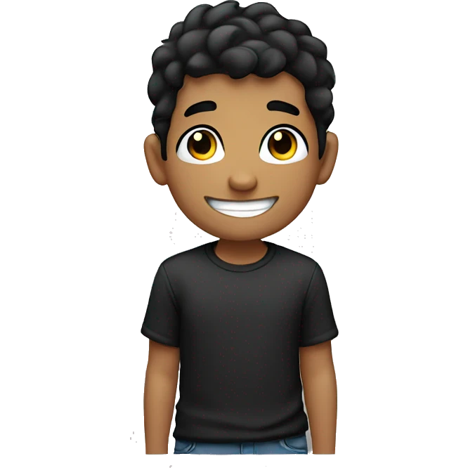 boy cartoon smiling with black hair, black and white t shirt, and black eyes emoji