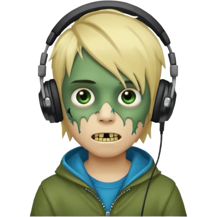 boy zombie whit blonde emo hair and eyes blue and GREEN SKIN and heandphones AND A MICROFONE AND GOLD TEETH  emoji
