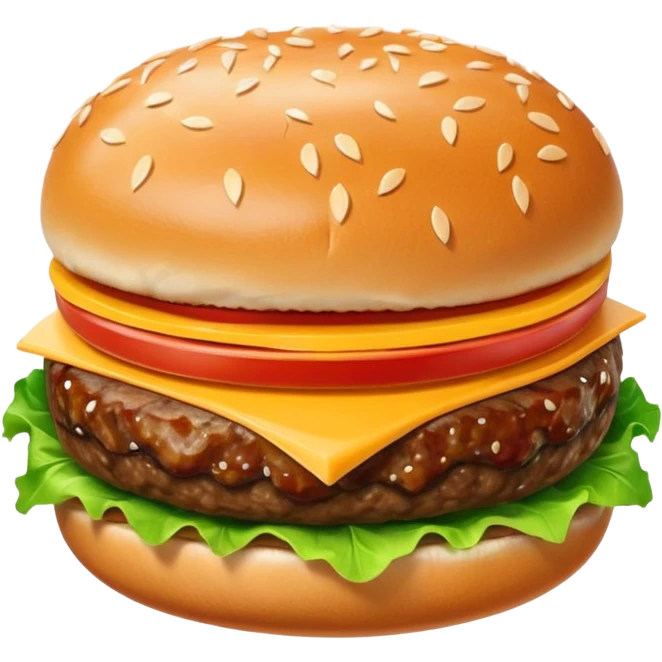 A classic single patty hamburger emoji, 3D Apple style, glossy and colorful. Soft rounded bun with sesame seeds, one beef patty, fresh lettuce, tomato slice, melted cheese, realistic but cartoonish look, clean white background emoji