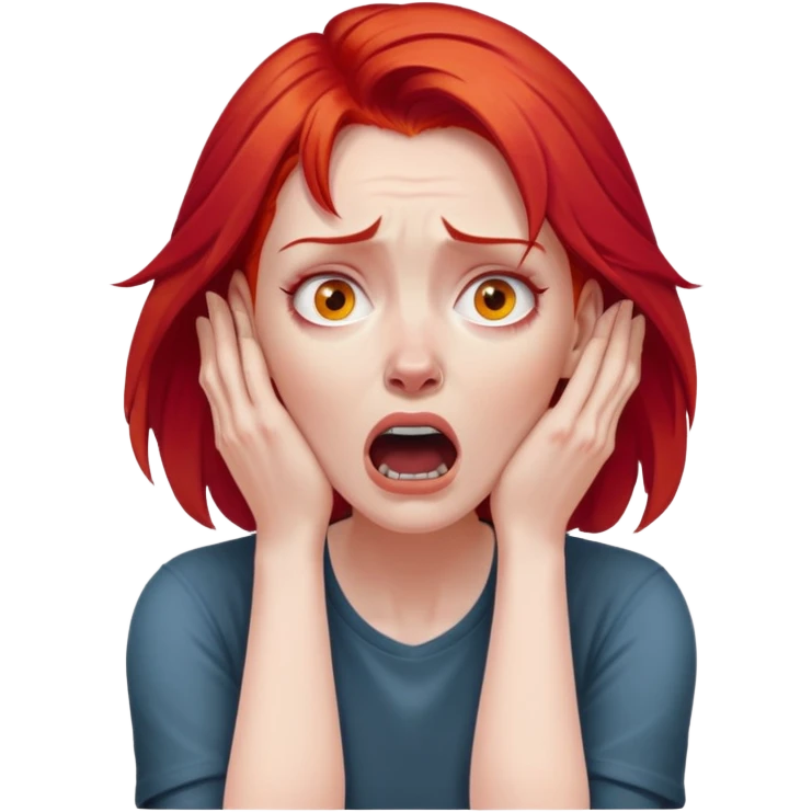 of a white woman with bright red hair, visibly distressed and clutching her neck with both hands, her face conveying a strong sense of panic and fear emoji