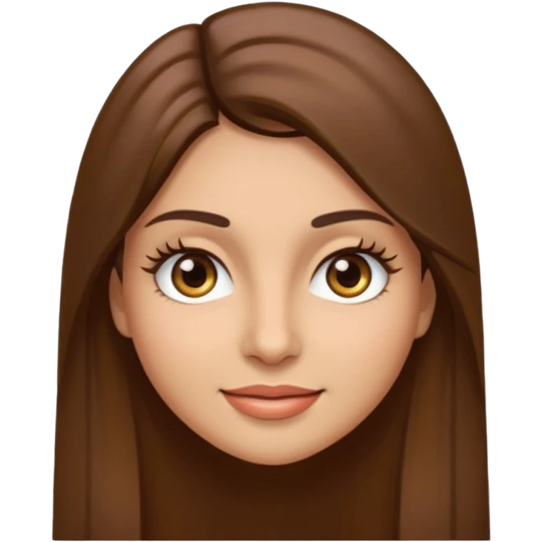 emoji style face of a woman with long straight brown hair, brown eyes, thick eyelashes, light olive skin tone, slightly smiling emoji