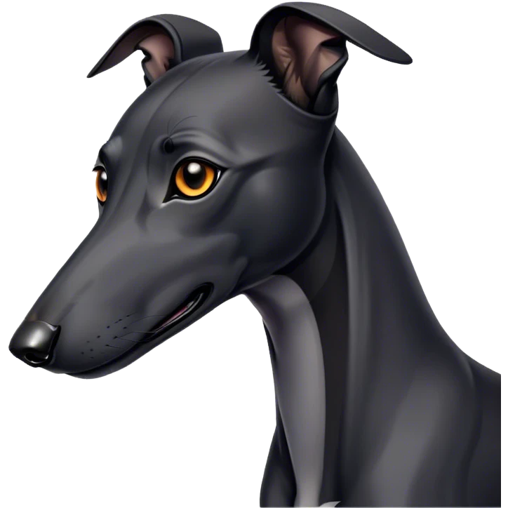 Cinematic Noble Black Greyhound Portrait Emoji, Poised and regal, with a lean, graceful build and a sleek, jet-black Fur, deep-set soulful dark eyes, Simplified yet sharp and sophisticated features, highly detailed, glowing with a soft, dignified glow, high shine, intelligent and swift, stylized with an air of elegance, focused and attentive, soft glowing outline, capturing the essence of a watchful and commanding racer, so majestic it feels as though it could sprint out of the screen with effortless authority! emoji