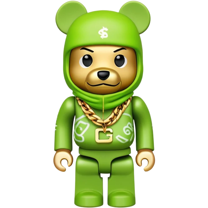 bearbrick toy with cubic head wearing a lime green balaclava covered in multiple brand logos graffiti style, with thick gold chains around neck, gold jewelry, aggressive eyebrows emoji