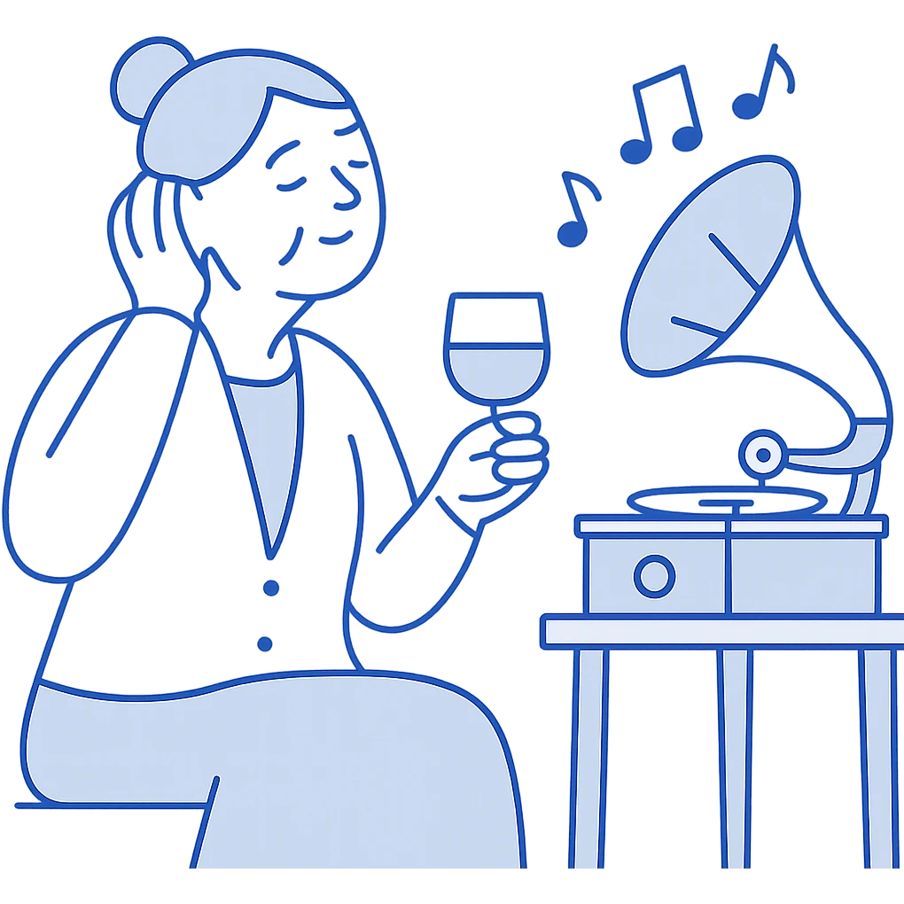 old lady with wineglass listening to gramophone emoji