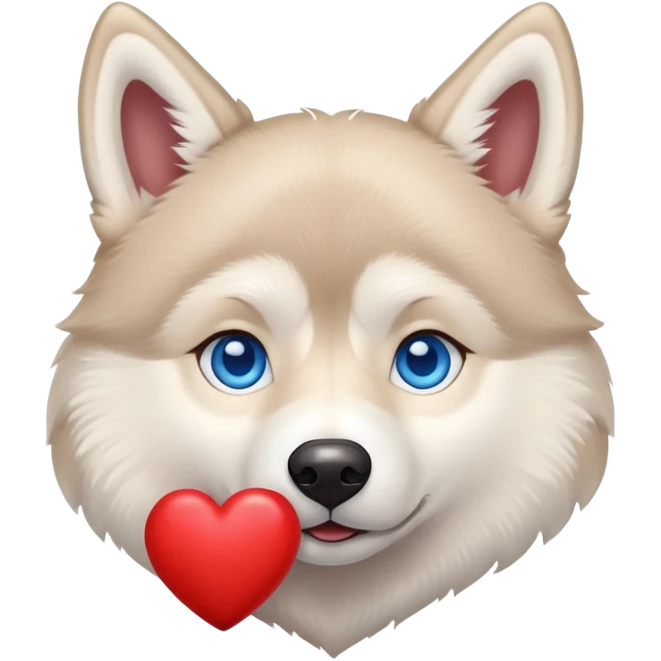 Beige husky with blue eyes holding a big heart emoji