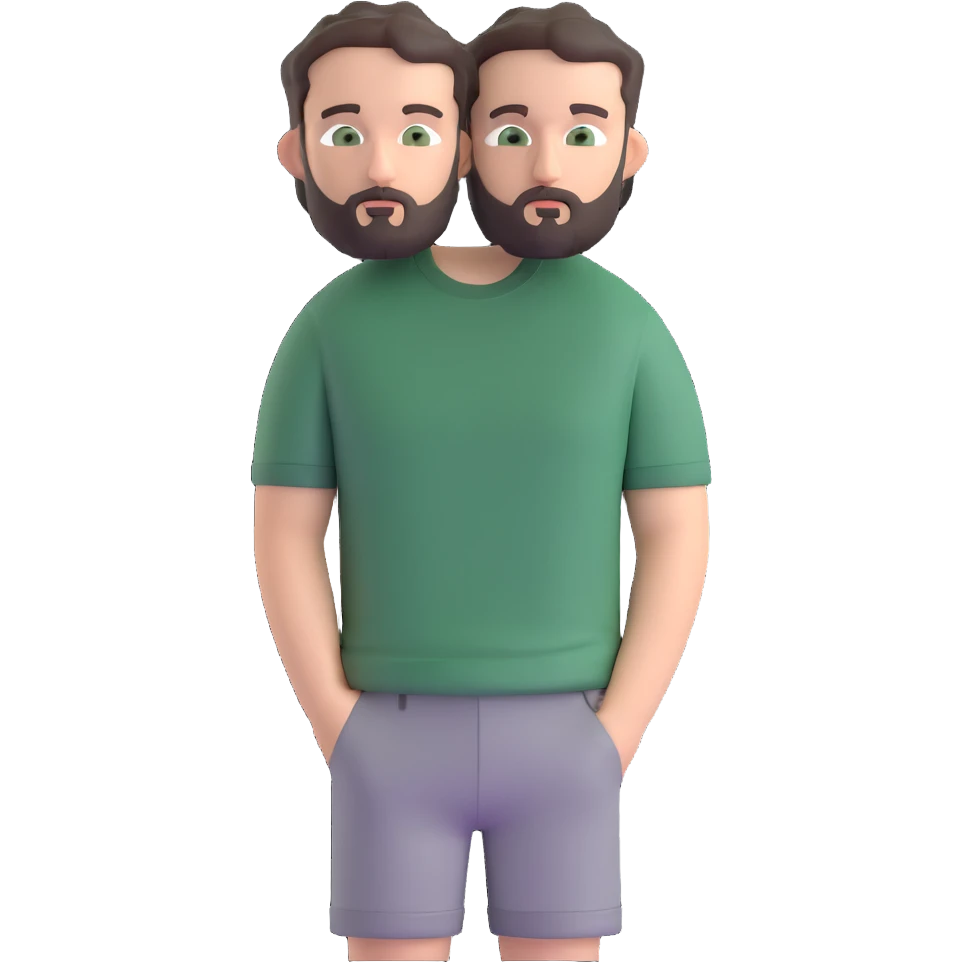 white man with dark messy short hair, dark green eyes, gray t-shirt, and short beard emoji