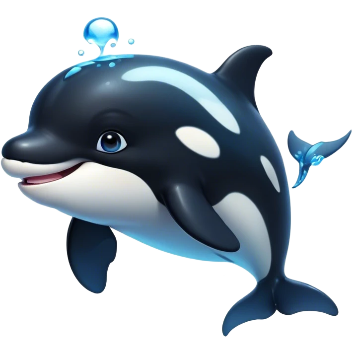 Cinematic Cute orca Portrait Emoji, Head tilted playfully and inquisitively, featuring a smoothly rounded body with bright, sparkling eyes and an adorable, friendly smile, Simplified yet irresistibly adorable features, highly detailed, glowing with a warm, ocean-blue glow, high shine, affectionate and lively, stylized with a touch of whimsical aquatic charm, soft glowing outline, capturing the essence of a mischievous yet endearing orca that seems as if it could leap right into your heart! emoji