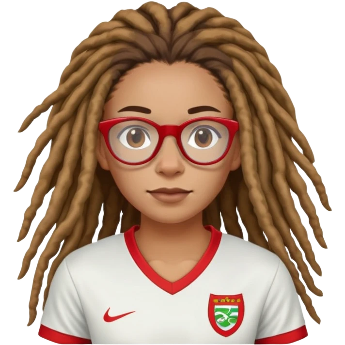 Freckled nose and Rihanna soccer mom dreadlocks island red and white jersey and cool cat eyeglasses emoji
