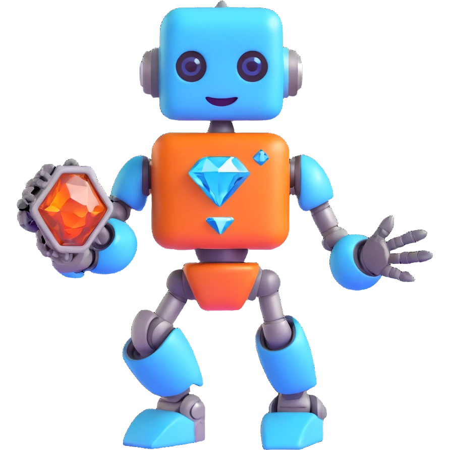 smiling robot holding a blue diamond in a playful pose emoji