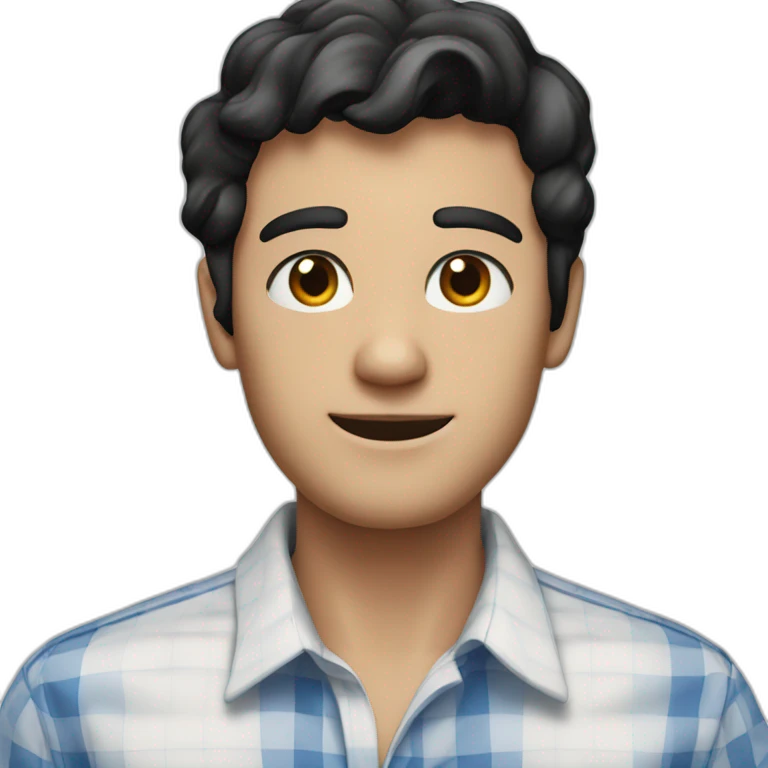 Man with black hair and a gingham white/blue buttoned collar shirt emoji