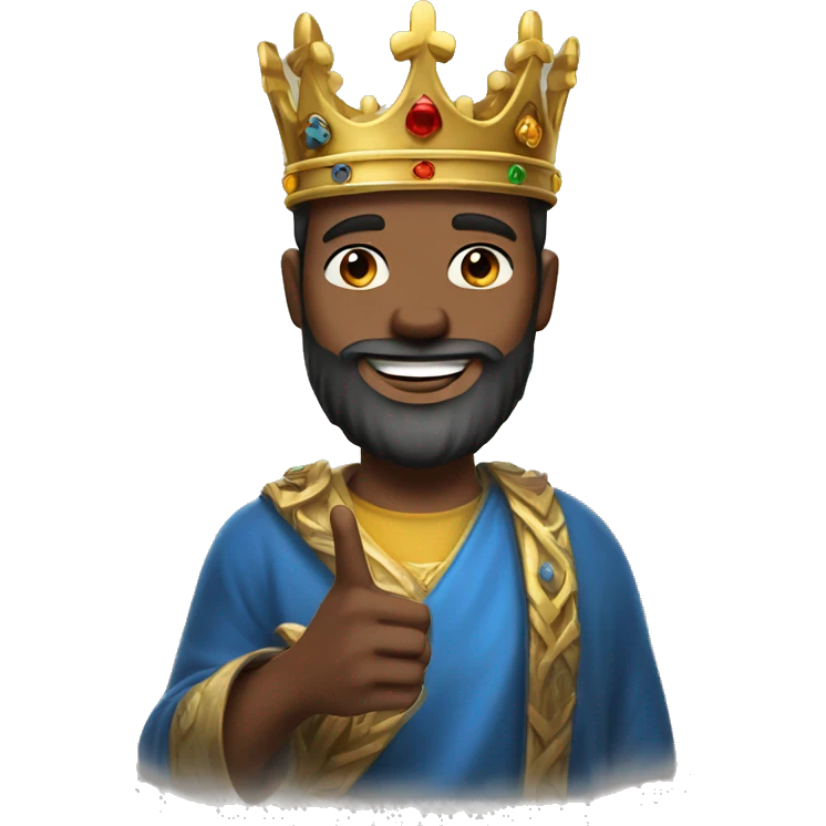 a man with a king's crown, beard, smiling and making the peace sign emoji