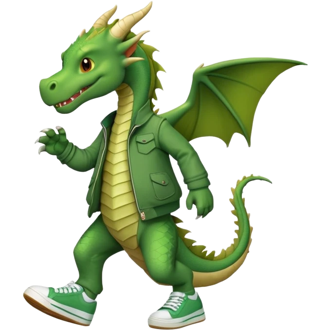 friendly anthropomorphised green dragon in a jacket and sneakers walking upright, relaxed pose emoji