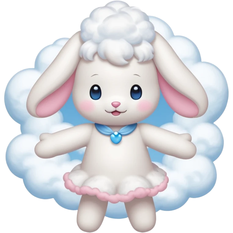 Cinnamon roll from sanrio dancing in the clouds that looks just like him from the cartoon blue eyes pink cheeks white body and filled with cuteness emoji