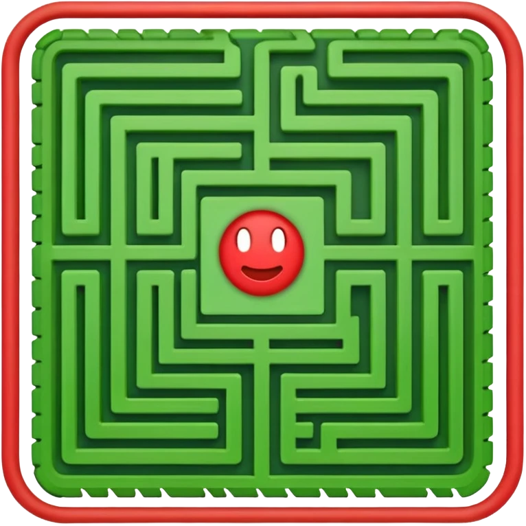 Create a realistic emoji of a maze with different patterns in red which show the wrong way and one way which shows the right way across the maze in green emoji