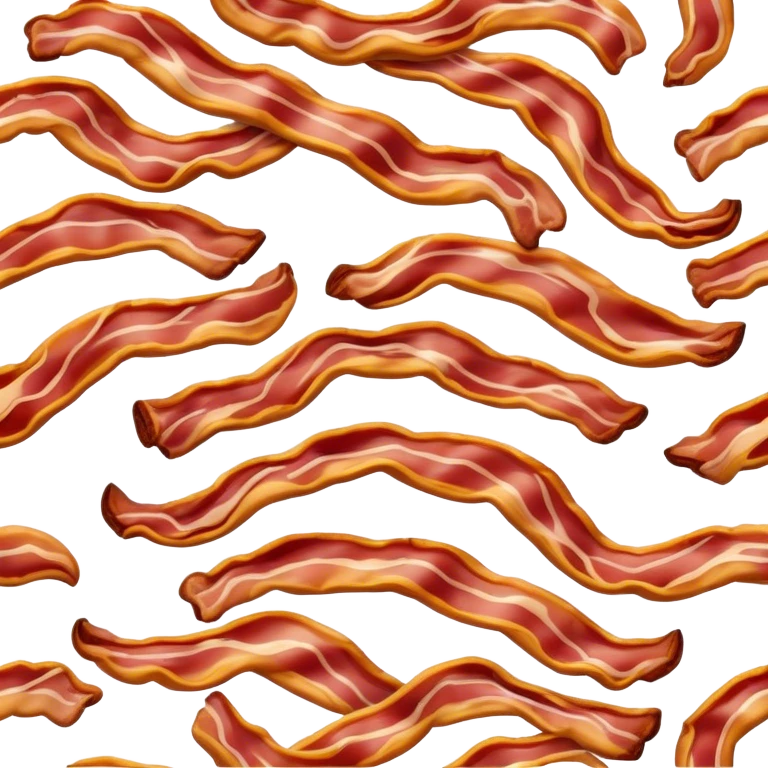 Cinematic crispy sizzling bacon, slightly curled, golden-brown with a perfect crunch, glistening with rich flavor, deep warm tones, served on a breakfast plate, comforting and indulgent. emoji
