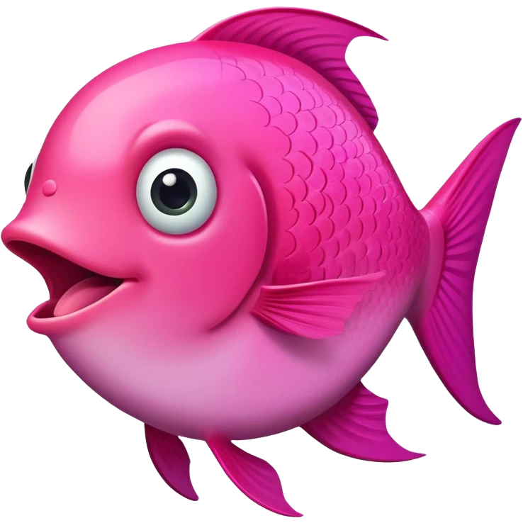 extremely derpy bright pink fish in perfect side profile facing right, wide surprised eye, big open mouth with visible tongue, stupid gaping expression, flat 2D side view only emoji