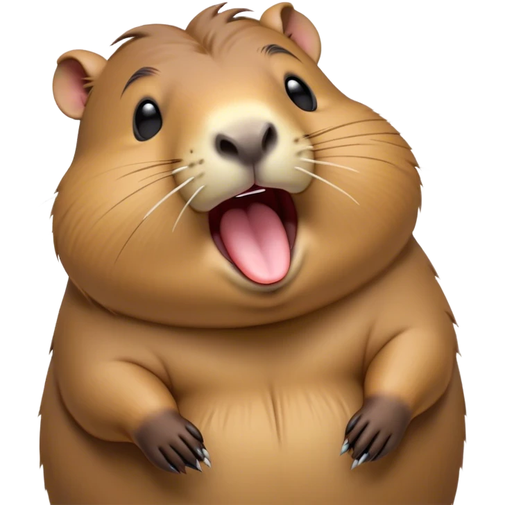 Cinematic Cute Yawning Capybara Portrait Emoji, Head tilted slightly with a dramatic, wide-open yawn, showcasing a plush, rotund body with a gently relaxed capybara face, including a short snout and subtly drooping ears, with drowsy, half-closed eyes rendered in exquisite detail; high shine, relaxed yet expressive, styled with a dash of playful natural charm, soft glowing outline, capturing the essence of a sleepy yet affectionate capybara that appears ready to stretch out for a peaceful nap! emoji