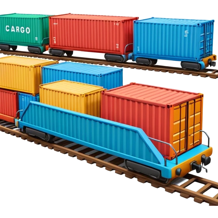 A 3D cartoon cargo train with colorful containers on flatbed cars, industrial background, Memoji-style realism. emoji