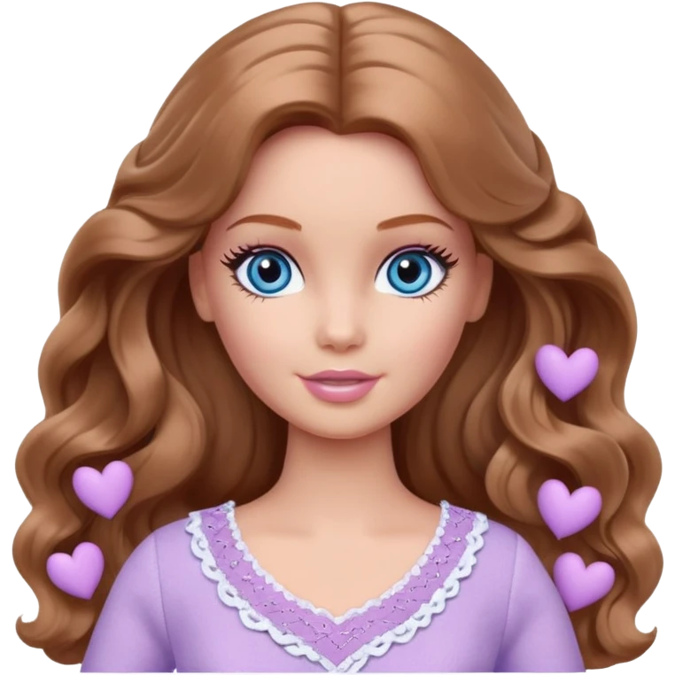 There are grey hearts all around Barbie girl Chestnut long wavy hair and blue eyes is In pale purple clothes emoji